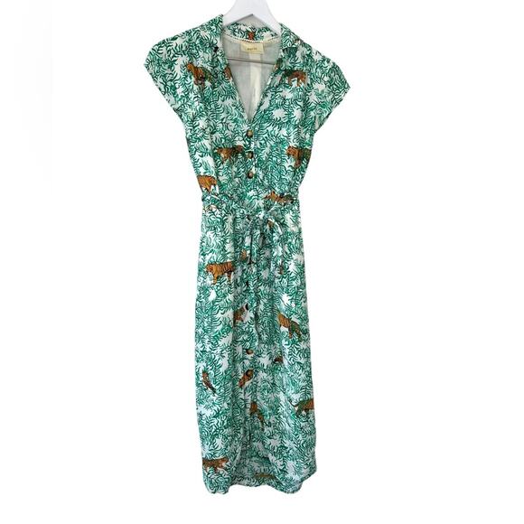 Maeve by Anthropologie Green Tiger Print Button Front Shirt Dress Size 2 - Picture 6 of 14
